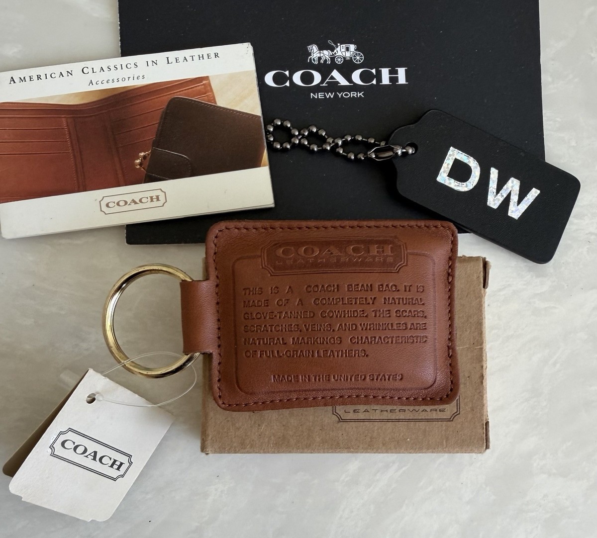 NWT COACH VINTAGE BEAN BAG KEY FOB TAN LEATHER 7214 ORIGINAL BOX