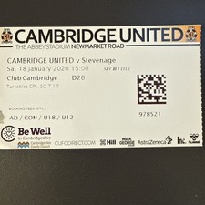 Cambridge United v Stevenage Borough(SkyBet League 2 2019/20) 18/1/2020 Ticket