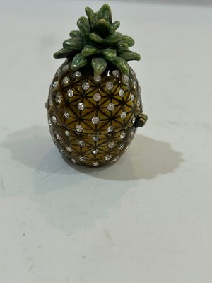 Bejeweled Gold Pineapple Hinged Metal Enameled Crystal Trinket box 2'' rhinestone