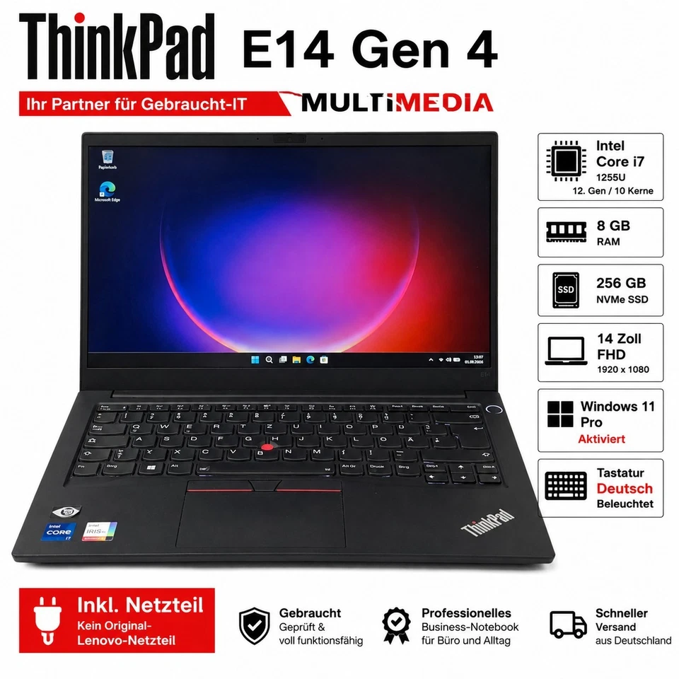 Lenovo ThinkPad E14 G4 · i7-1255U · 8GB · 256GB, Foto 1 von 5