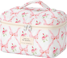 Large Quilted Makeup Bag, Cute Cotton Travel Cosmetic Bag with Handle, Gifts for