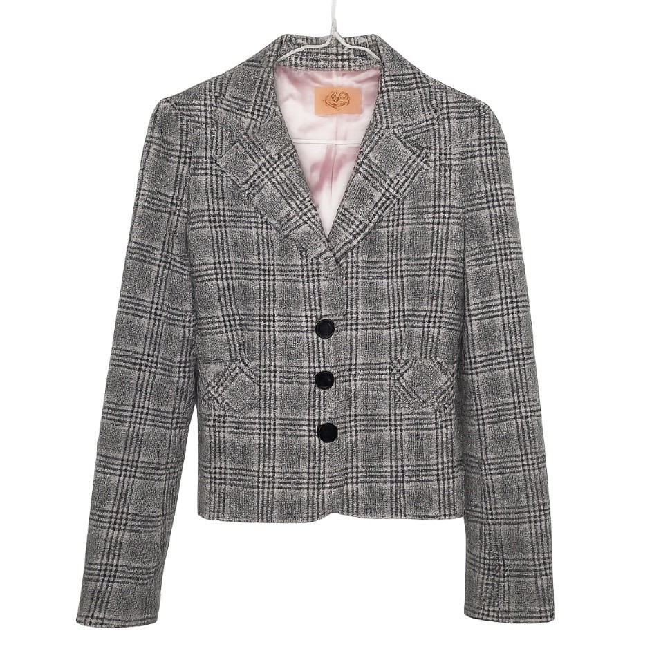 Juicy Couture USA Made Y2K Wool Blend Preppy Houndstooth Plaid Blazer Jacket S