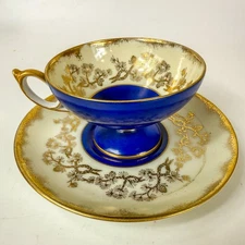 Del Mar Japan 24k Gold Pinecones Hand Painted Blue Demitasse Cup and Saucer