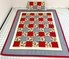 Sock Monkey Handmade 2 Pc Doll Bedding Set - Patchwork Quilt Pillow Cotton New