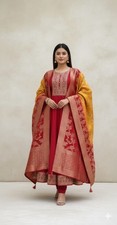 Anarkali Flared Kurti Pant Dupatta Set Crafted from luxurious silk