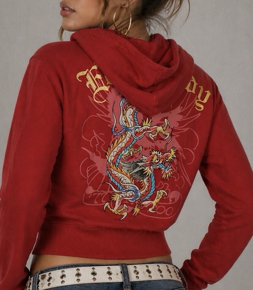 ED HARDY Vintage Dragon Zip Crop Hoodie Red Gold Graphic Y2K
