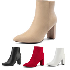 Women Chunky Block Heel Pointed Toe Side Zipper Ankle Boots