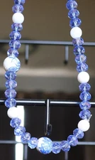 Handmade Bead Necklace 24" Blue Oval Crystal and Round Blue and White Beads
