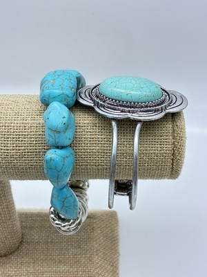 Faux Turquoise Bracelets Beaded Stretch Cuff Silver Tone Boho Southwest