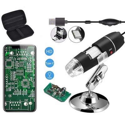 USB Microscope 40-1000X with Type C/Micro USB Connector, 8 LED Lights