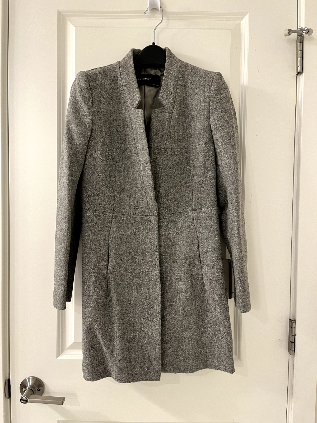 ZARA GREY MARL 100% WOOL INVERTED LAPEL COLLAR FROCK COAT SIZE XS