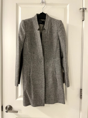 ZARA GREY MARL 100% WOOL INVERTED LAPEL COLLAR FROCK COAT SIZE XS 