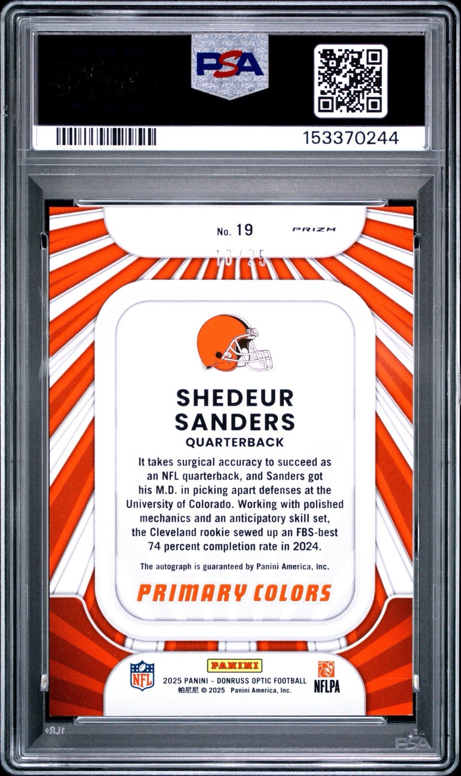 2025 DONRUSS OPTIC SHEDEUR SANDERS PRIMARY COLORS AUTO /25 ROOKIE RC PSA 10 view 2
