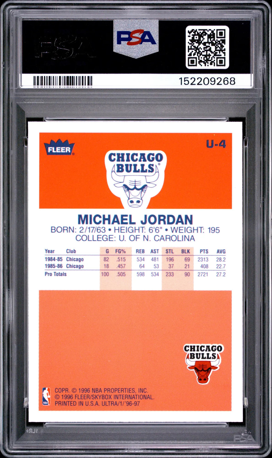1996 Ultra #U-4 - Michael Jordan Decade of Excellence PSA 9 Mint || view 2