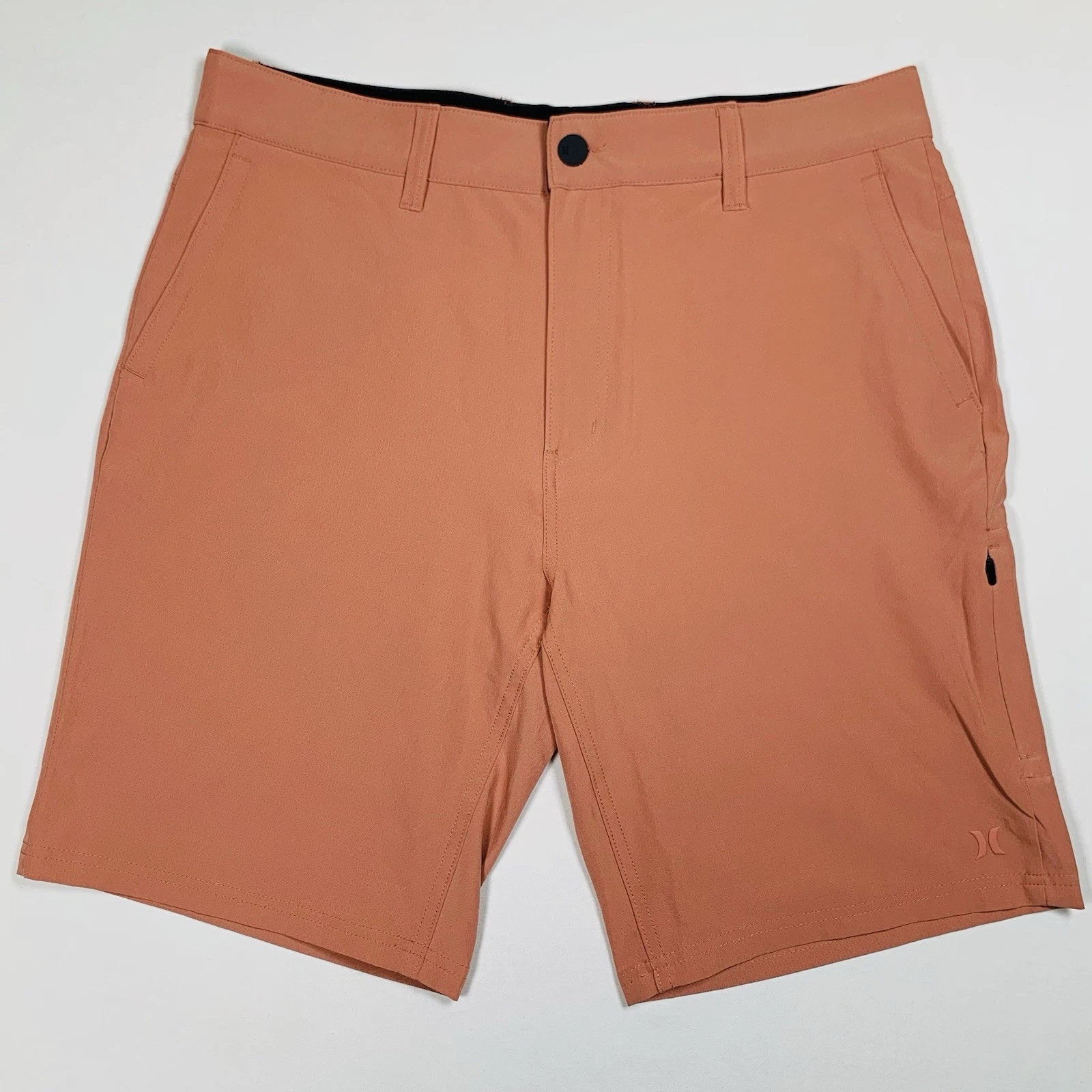 Hurley Performance Cargo Shorts Men 34/10 Rust Tan Stretch Zip Pockets Golf Logo