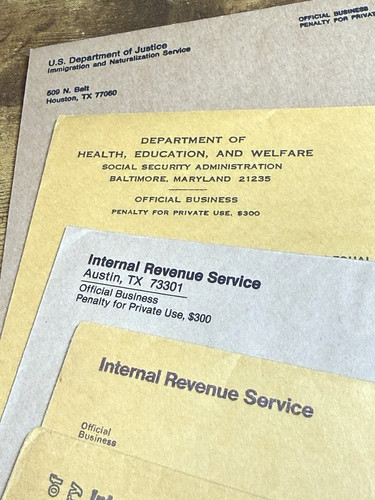 Vintage Lot of SIX Federal Government Envelopes - IRS, DOJ, FBI, INS, Treasury