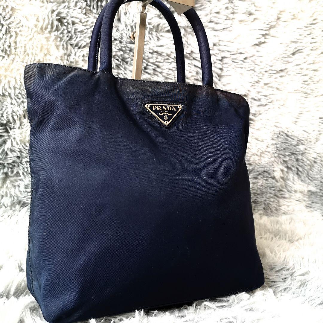 PRADA Triangle Logo Nylon Navy Handbag with White Tag