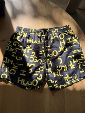 HUGO Black Yellow Logo Swim Shorts Elastic Waist Regular Fit Bottom for Men