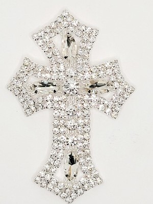 Silver w/Rhinestone Cross Sew On Applique Supreme Quality Sturdy Hand Made