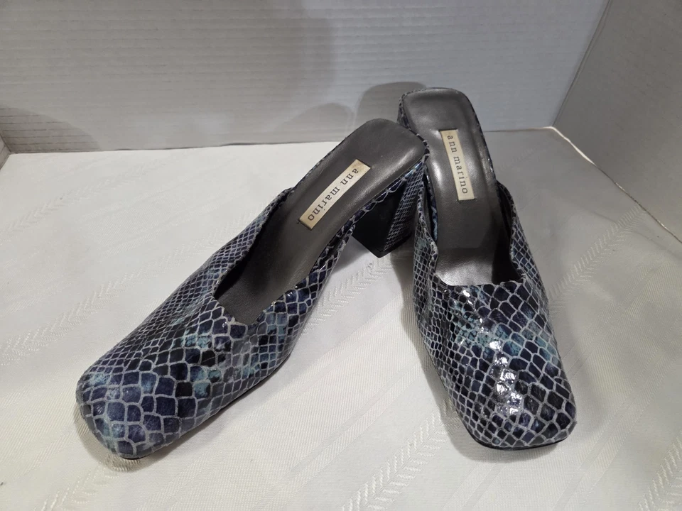 Mulas Ann Marino De Colección Cuero Piel de Serpiente Repujado Azul/Gris Talla 8M Puntera Cuadrada Foto 2 de 4
