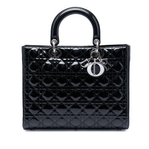 Dior Large Patent Cannage Lady Pre-Loved Satchel Black