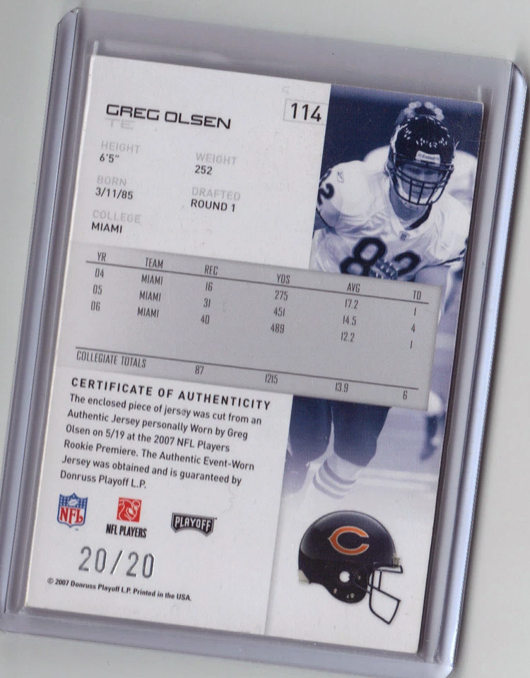 Greg Olsen 2 Color Jersey Card # 20 / 20 Bears Miami EBAY 1 / 1 - Image 2 of 2
