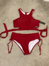 Bikini Swimsuit 2 pc Burgundy Tank Wrap Top and Side Tie Bottom L Matched Up Set