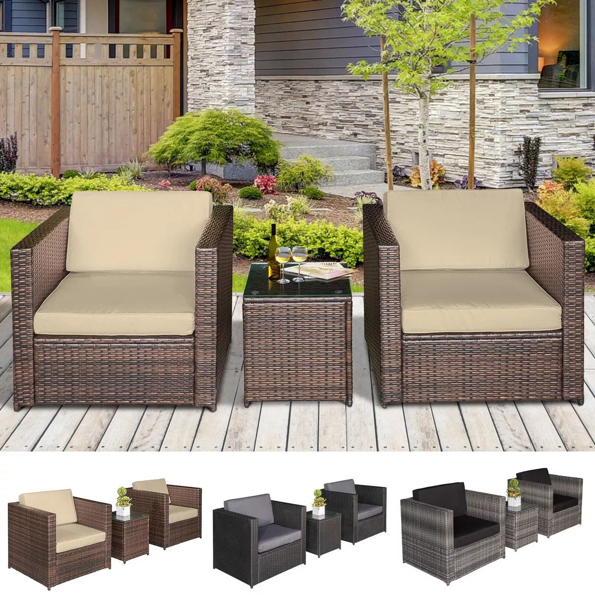 3Pcs Patio 2 Seater Rattan Sofa Table Set Garden Furniture w Cushions Balcony