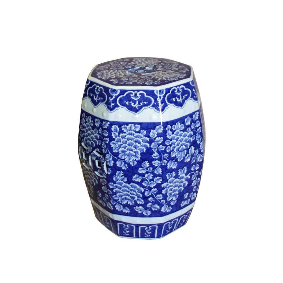 Chinese Blue & White Porcelain Floral Theme Octagon Stool Table cs4348 - Image 3 of 4