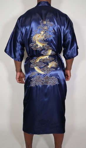MEN'S SATIN DRAGON BLUE EMBROIDERED ROBE (SIZE L) - Picture 2 of 2