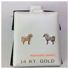 14K Solid Yellow/White real Gold Pony Horse Children CZ Screw Back Stud Earrings