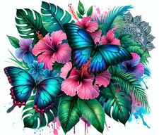 TROPICAL BLUE BUTTERFLY HIBISCUS FLORAL MANDALA COMPUTER MOUSE PAD 9.14 x 7.75