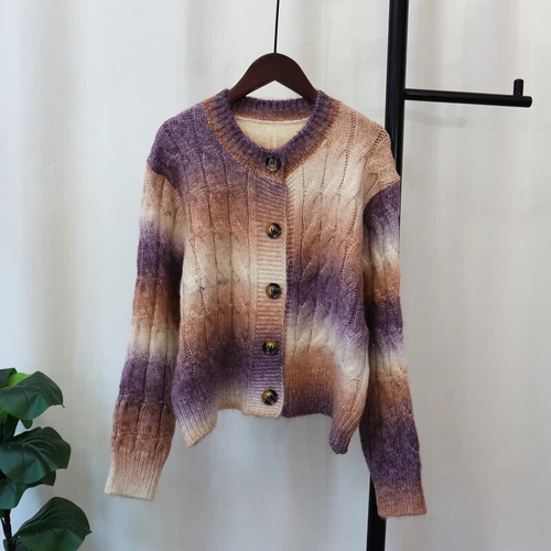 New Womens Gradient Round Neck Single Breasted Knitted pullover cardigan Sweater - Picture 3 of 16