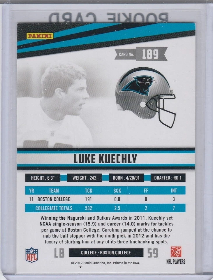 LUKE KUECHLY R&S 2012 Carolina Panthers FOOTBALL ROOKIE CARD Panini Stars RC! - Image 2 of 2