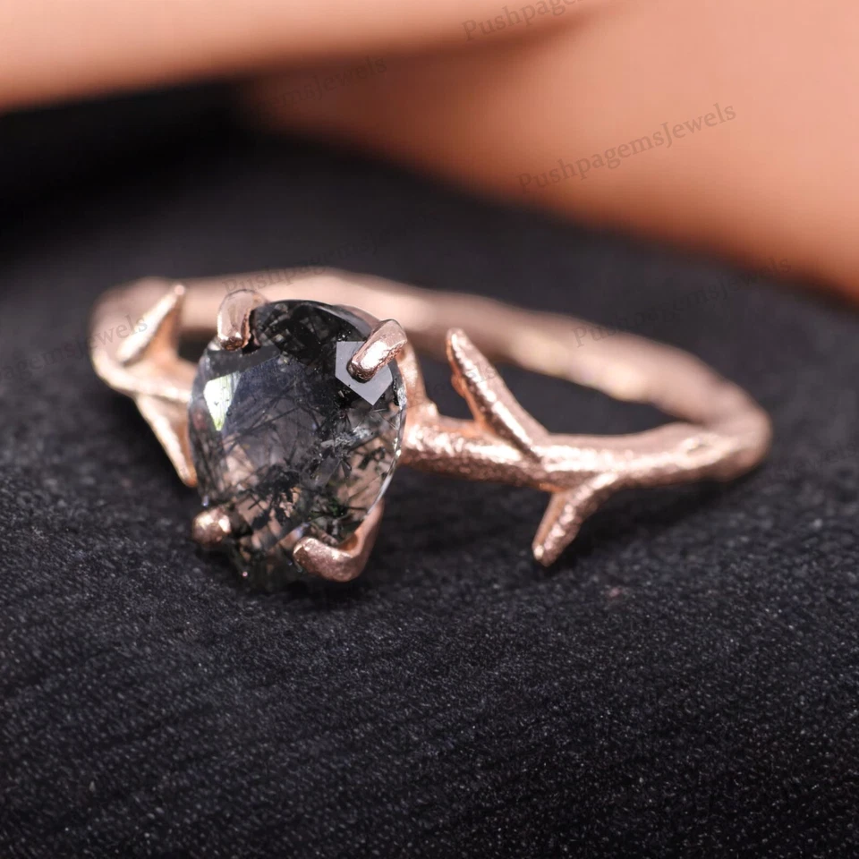 Anillo de cuarzo rutilo natural en forma de pera de 7x5 mm de plata de ley 925 chapado en oro rosa Foto 3 de 4