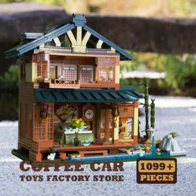 Japanese View Wooden House MOC Bricks City LED Log Cabin Building Blocks Toys