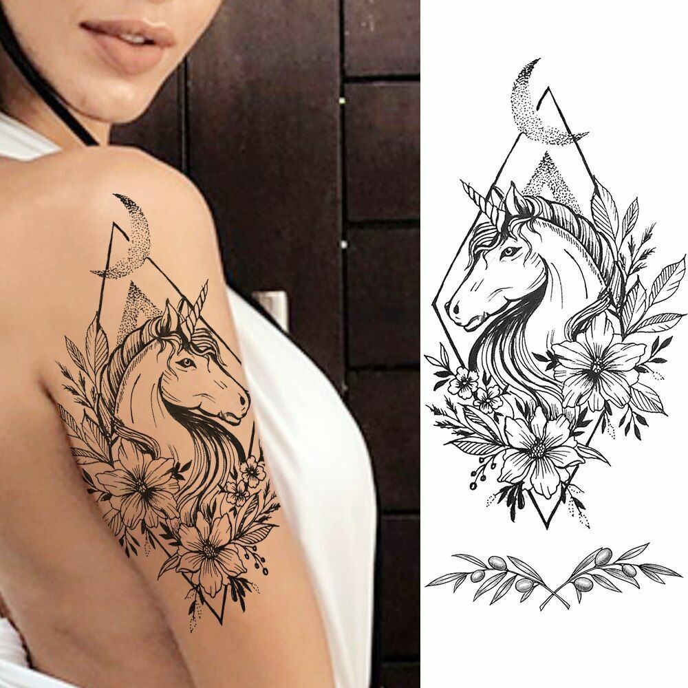 Women Unicorn Horse Temporary Tattoo Waterproof Realistic Black Line Art Sticker