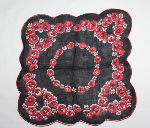 Vintage Hanky Handkerchief ~ Navy Blue with Red and White Flower Design