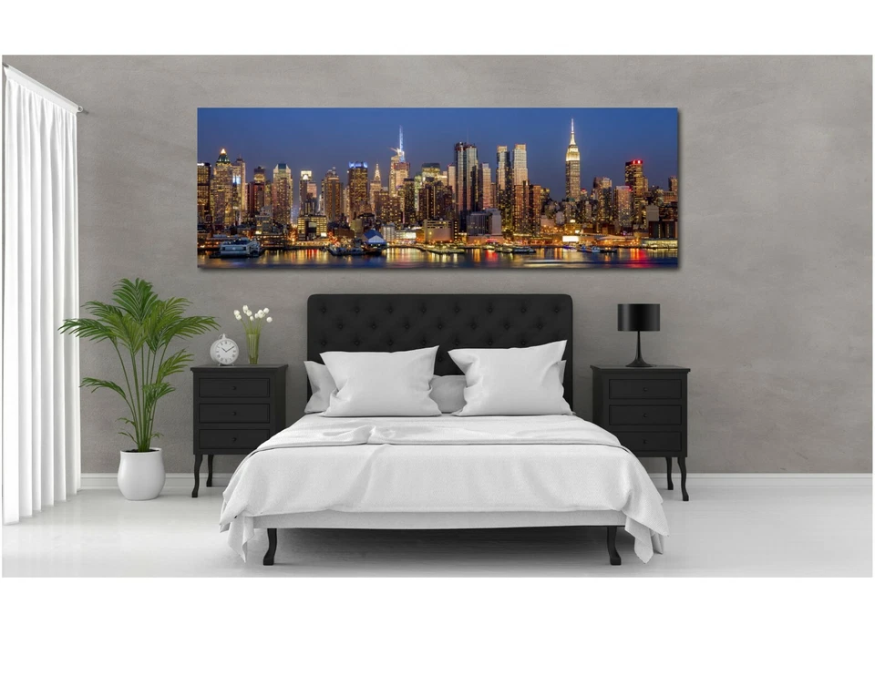 Cuadro panorámico de horizonte nocturno de la ciudad de Nueva York impresión en lienzo decoración del hogar arte de pared Foto 3 de 4