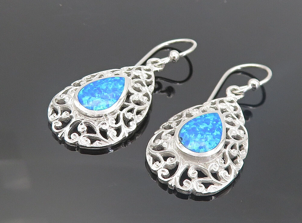 925 Sterling Silver Inlaid Blue Fire Opal Swirl Border Drop