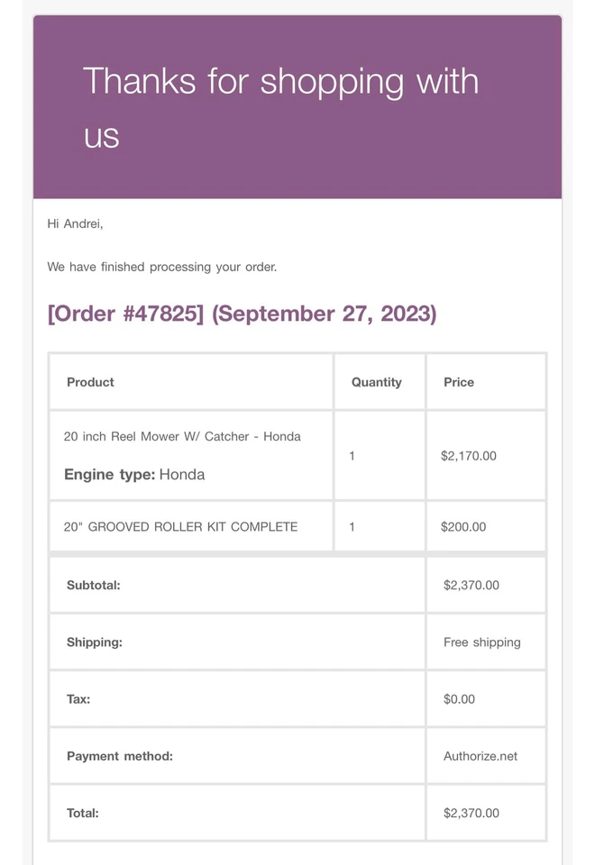 mclane reel Mower 20 inch Reel Mower W/ Catcher - Honda and Roller. Used 1 Time - Image 2 of 2