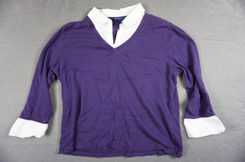 Womens Shirt Layer Look Top Collar Woven 2Fer Purple 3/4 Sleeve Karen Scott PXL