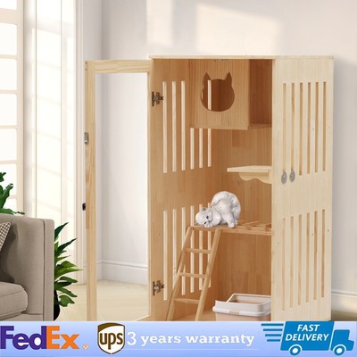 Wooden Large Indoor Cat Enclosure Catio Cage with Ramp and Covered Cat House Kit