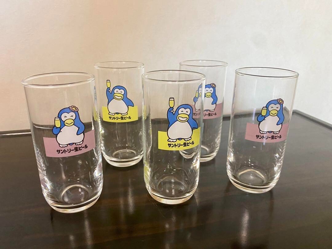 Vintage Suntory Penguin Beer Glass Pair Set Of 5 Yellow Pink