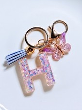 Handmade Resin Initial Keychain Letter H Butterfly Charm Personalized Gift