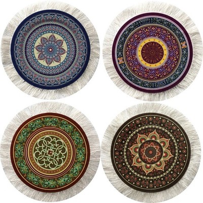 Round Oriental Rug Drink Coasters Set of 4 Mini Turkish Carpet Coasters w Fringe