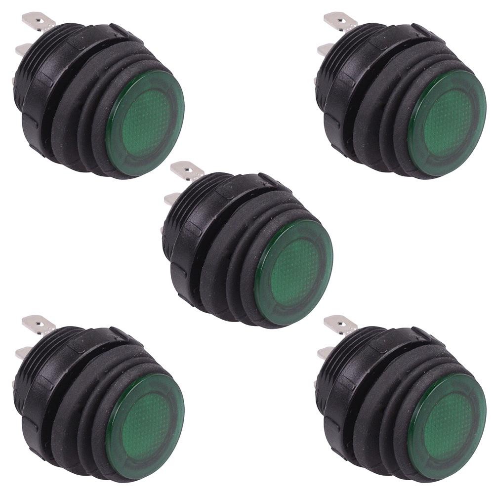 5 x Green illuminated 230V Waterproof Round 20mm Rocker Switch IP68 SPST 16A