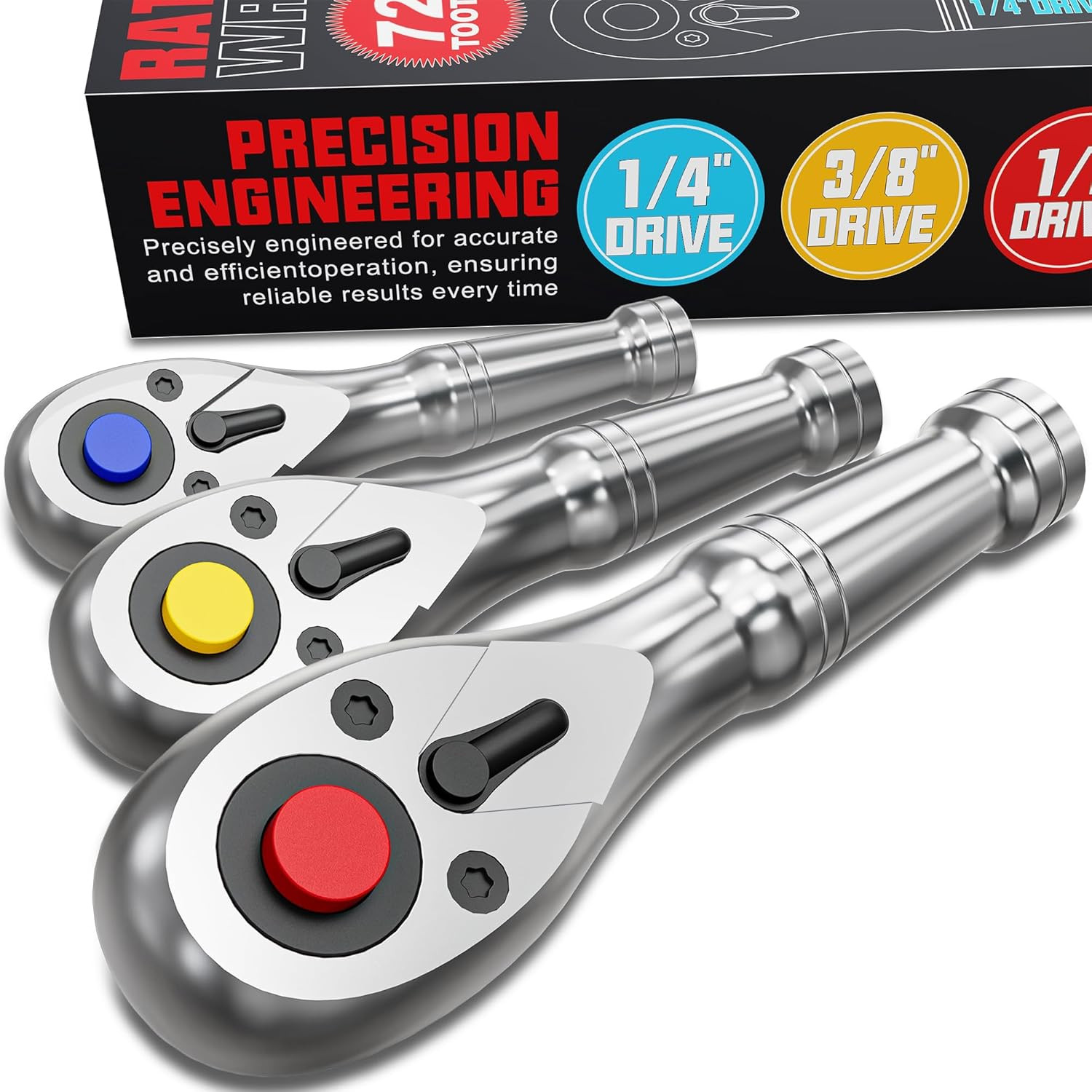 Mini Cricchetti Reversibili Set 3 Pezzi 1/4 3/8 1/2 Pollici per Auto