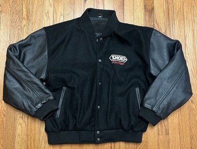 SHOEI Racing Motorcycle Wool Sen Leather Bomber Jacket Mens Large