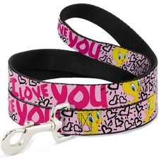 6ft Dog Leash, Tweety Bird I Love You, Pink, Black, 0.5 Inch Wide 1/2, Pet Lead